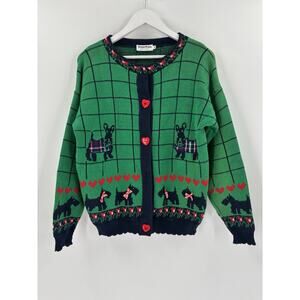 Vintage Bonnie Noble Cardigan Sweater Womens Medium Green Scottish Terrier Heart